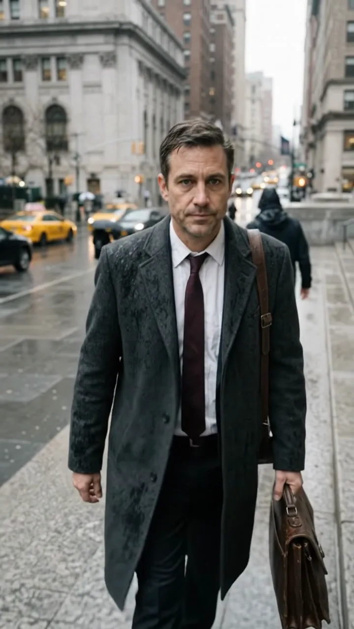 He walks out of the rain toward the camera, briefcase in hand.