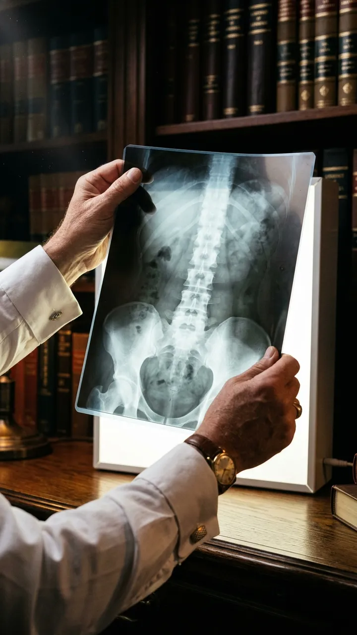 An X-ray held up to a lightbox, close.